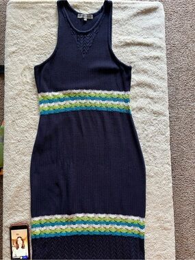 Absolutely Famous Navy Maxi Dress with Green & White Stripe Accents